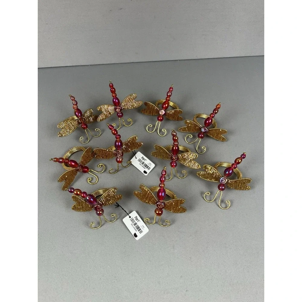 10 Pier One Imports Beaded Dragonfly Napkin Rings Gold Wire Wings & Orange Beads